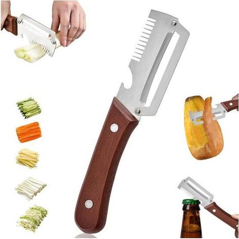 Éplucheur de légumes - 3-en-1 - Lame inox affûtée - Manche bois ergonomique - Ouvre-bouteille et râpe (1/5)