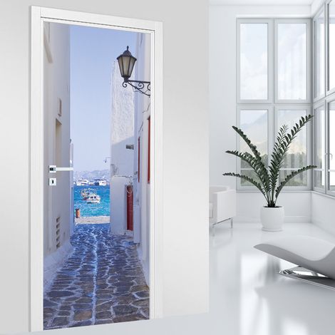 Stickers pour porte - Ruelle grecque - 73 x 205 cm - Adhésif + Protection BRILLANTE (1/2)
