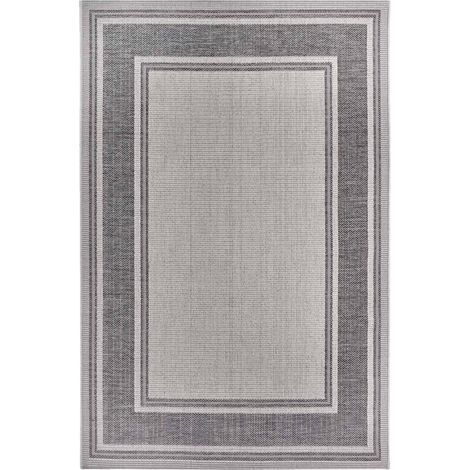 Tapis exterieur 190 x 290 cm motif géométrique, beige, gris, blanc, kilim authentique, structure tissée durable et facile d'entretien