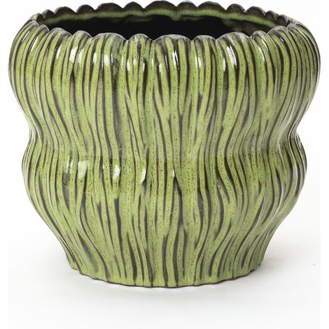 Grüner Keramik-Blumentopf mit gewellter Rillenstruktur und Abflussloch, 26 cm Durchmesser, 24,5 cm Höhe, 4,37 kg, langlebig und ideal für Innen- und Außenpflanzen (1/5)