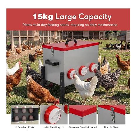 Mangeoire Poules 15 kg Futterautomat Hühner mit 6 Löchern aus Metal pour Poulets Canards Oies (1/4)