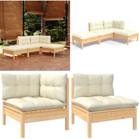 4-tlg. Garten-Lounge-Set mit Creme Kissen Kiefer Massivholz - Gartensessel - Lounge Set - Gartenmöbel - Outdoor Möbel - Rattan Sessel - Home & Living (1/5)
