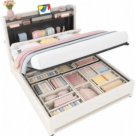 Lit coffre 160x200 cm en velours beige avec LED, ports USB et Type-C, tête de lit de rangement relevable, sommier à lattes, CHICFURN (1/5)