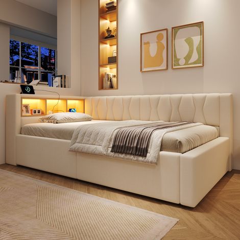 Lit banquette coffre 90x200cm avec rangement hydraulique,avec étagère,LED dimmable et USB,lin et MDF,beige