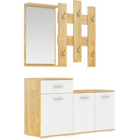 Ensemble Couloir 3 en 1 Porte-Manteaux Mural Miroir Porte-Chaussures Banc Bois Blanc (1/5)