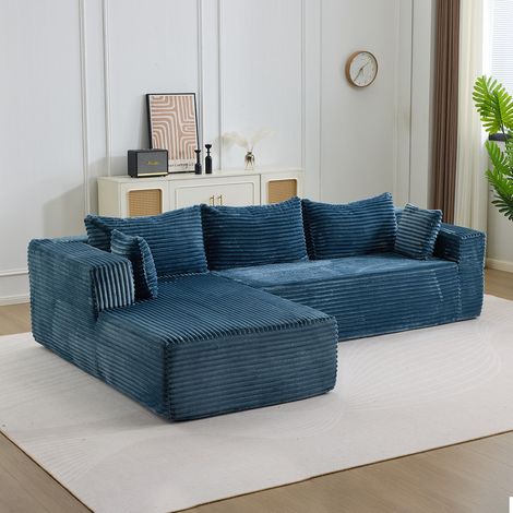 Canapé d'angle modulable avec méridienne confortable, canapé en L sans structure et assise profonde, canapé-lit minimaliste, velours côtelé, bleu (1/5)