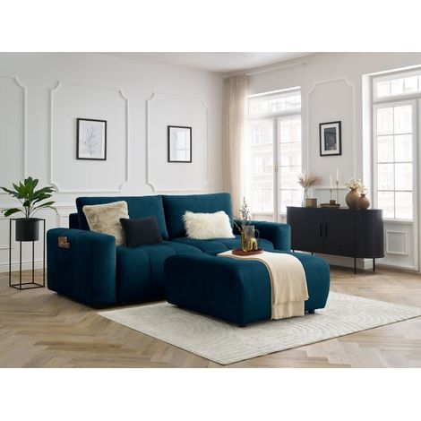 BOBOCHIC - Canapé droit convertible coffre ARSENE tissu velours avec pouf Bleu (1/5)
