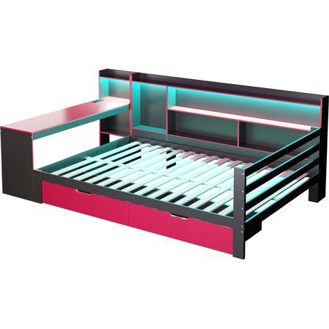 Letto divano 140 x 200 cm in legno con scrivania, scaffali, cassetti, LED, prese, nero e rosso (1/5)