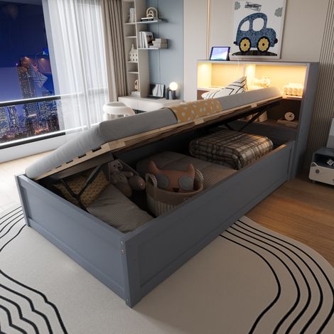 Canapé-lit 90x200 cm, canapé convertible avec prises USB multiples et rangements intégrés, éclairage LED, mécanisme hydraulique, cadre en bois massif, literie simple grise, meuble multifonction. (1/5)