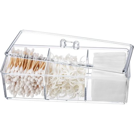 Support Qtip - Acrylique Transparent 3 Compartiments avec Couvercle - Rangement Coton-Tige et Disques Démaquillants - Salle de Bain Bureau Chambre (1/5)