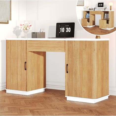 Escritorio regulable 140x50x78-92 cm de MDF blanco y roble, 2 cajones - MEUBLIV (1/5)