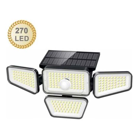 Solarleuchten für den Außenbereich, 270 LEDs, 3000 lm, Bewegungsmelder, IP65, wasserdicht, 4 Köpfe, 3 Modi, 6500 K, Solarstrom, Sicherheits-LED-Flutlichter, kabellos