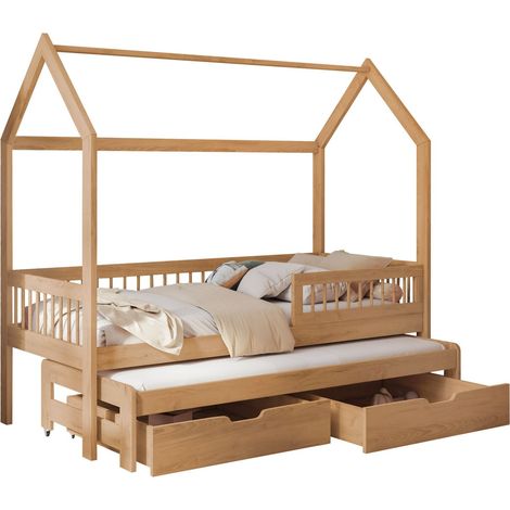 Cama Henderson 166, Haya, Individual con una cama supletoria-nido, Individuales, 90x190, 90x200, Madera, Somieres, 97x206x190cm (1/3)