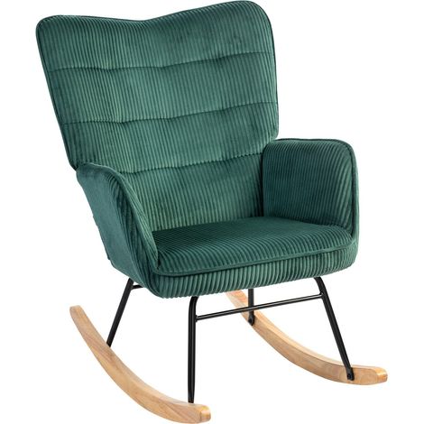 Schaukelstuhl, Schaukelsessel mit Kordoptik, Armlehne, Sessel mit Holzkufen, Relaxsessel für Wohnzimmer, Schlafzimmer, Dunkelgrün