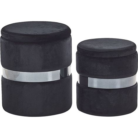 Set di 2 Pouf Portaoggetti Imbottiti in Velluto di Poliestere Nero Doris