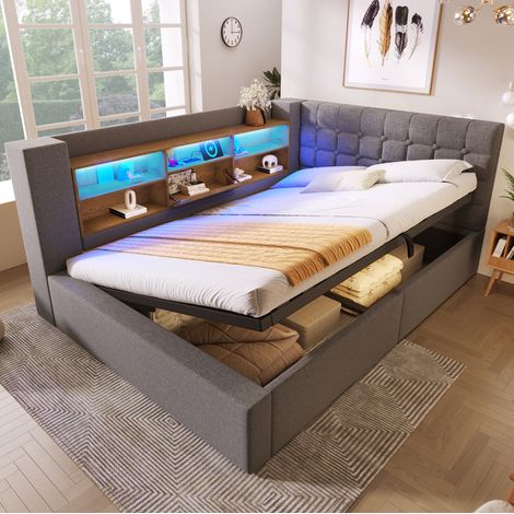 Letto matrimoniale 140x200 cm grigio in lino con LED, ricarica USB-C e vano contenitore (1/5)