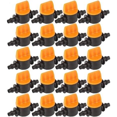 20 Pièces Vanne de tubes d'irrigation, soupape d'irrigation goutte à goutte 1/4 de pouce barbelé vanne d'arrêt de tube d'irrigation (1/5)