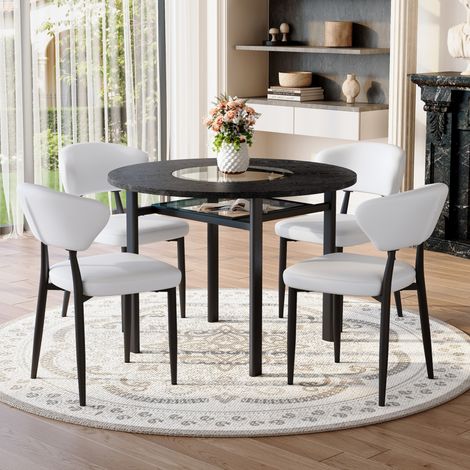 Ensemble table ronde 100 cm avec 4 chaises blanches en PU et plateau effet bois noir OKWISH (1/5)