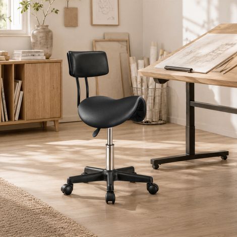 Chaise de Bureau à Roulettes, Tabouret de Selle Réglable avec Dossier, Pivotant 360°, pour Salon, Studio, PU, Noir (1/5)