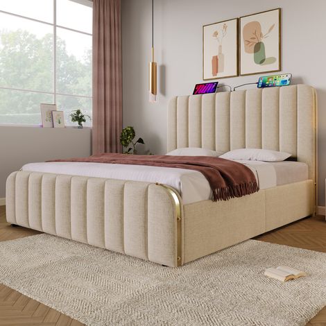 Bett Doppelbett Stauraum 160x200 Leinen Beige OKMYHOME (1/5)