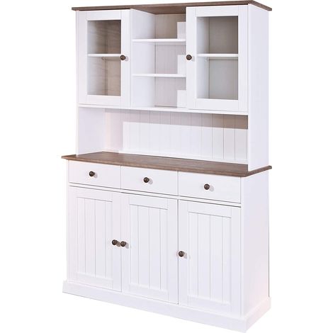 Armoire Vitrine de Cuisine et Salle à Manger Vaisselle Style Maison de Campagne Pin Massif 5 Portes 3 Tiroirs Westerland 6.2 Blanc/Sepia (1/5)