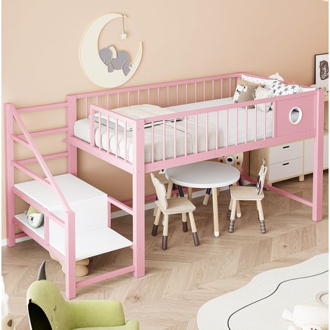 Cama infantil alta con almacenamiento rosa OKMYHOME (1/5)