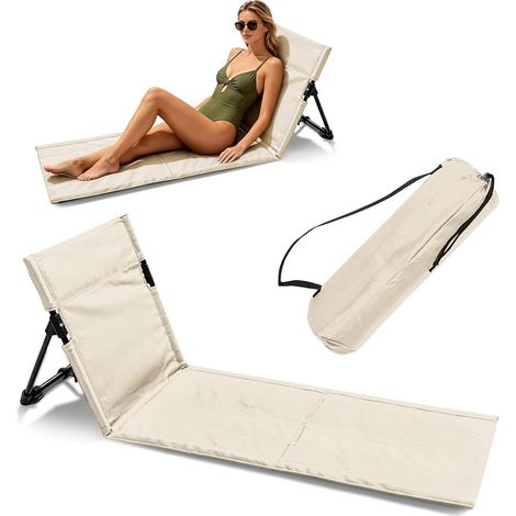 Tapis de Plage avec Dossier, Chaise de Plage avec Sac de Rangement, Transat Plage, Siege de Plage Pliable Portable Leger, Chaise de Sol Pliable pour Le Camping, Les Voyages (Beige2, Long) (1/5)