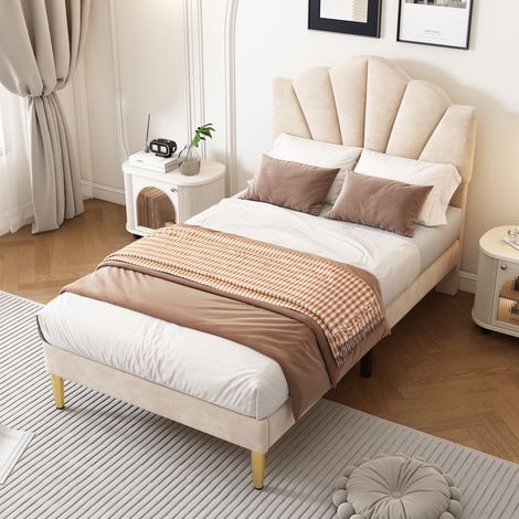 Beige Velvet Upholstered Single Bed(3ft/90x190cm)with Shell Design,Golden Legs,Adjustable Headboard
