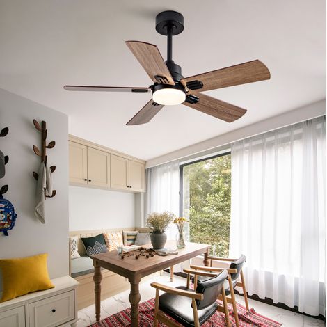 Deckenventilator mit LED 106.7x106.7 cm schwarz/dunkle Walnuss aus Metall und Holz mit Fernbedienung, 6 Stufen (1/5)