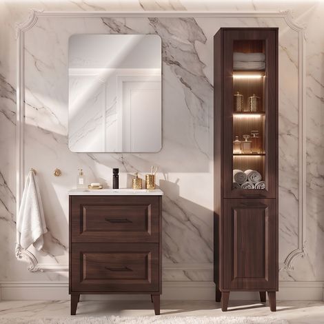 Ensemble meuble simple vasque encastrée 60cm et colonne Moka Bois foncé (1/5)