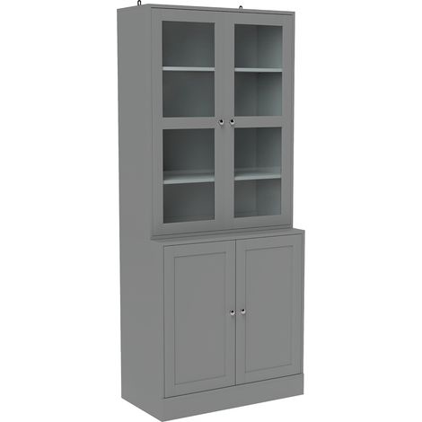 Bibliothèque vitrée à 6 étagères réglables, meuble de rangement avec 4 portes dont 2 en verre sécurisé, gris. (1/5)