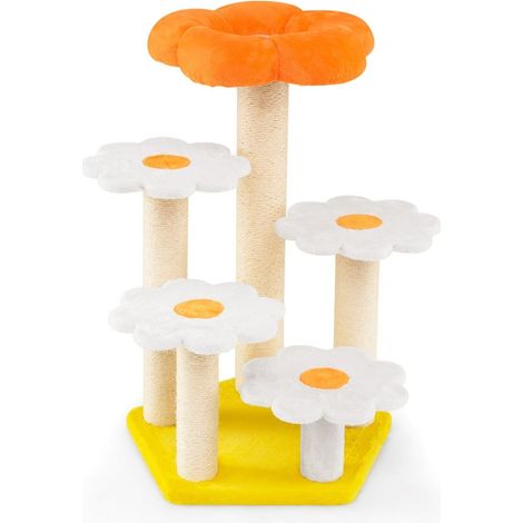 Tiragraffi con pali in sisal e piattaforme con fiori di peluche