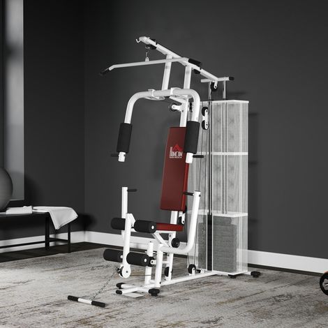 Estación de fitness con polea alta, press de pecho, flexiones, estiramientos de piernas y remo, gimnasio multifuncional de acero con capacidad para 45 kg de peso, para gimnasio en casa, 150 x 110 x 21 (1/5)