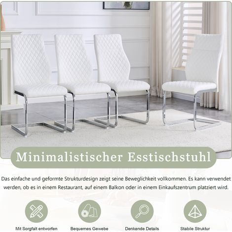 Lot de 2 chaises de salle à manger à motif losange blanc : dossier haut, assise rembourrée confortable, cadre en métal argenté antidérapant et résistant, idéal pour restaurant et usage quotidien. (1/5)