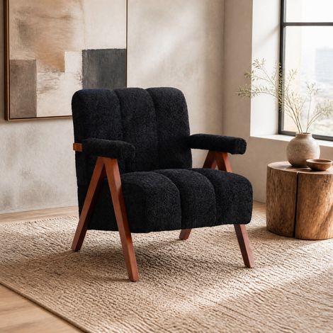 Poltrona 77x68,4x77 cm nera con braccioli, tessuto bouclé e struttura in legno MEUBLIV (1/5)