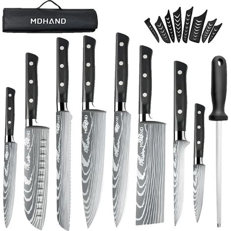 Juego de cuchillos de chef, acero inoxidable de alto contenido en carbono, mango ergonómico de madera, negro. (1/2)