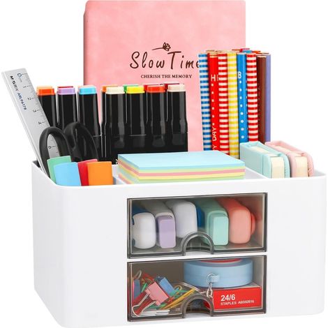 Portapenne da scrivania, organizer da scrivania, 7 griglie per articoli da ufficio, organizer da tavolo in plastica con cassetto, portapenne multifunzionale per scuola, ufficio e casa (bianco) (1/4)