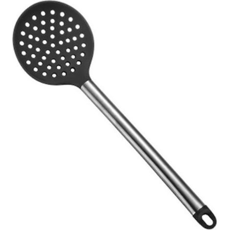 Ustensiles de cuisine en acier inoxydable et silicone : spatule, cuillère à soupe, passoire, cuillère à pâtes, fouet à œufs, pince de cuisine, passoire rouge, passoire noire. (1/3)