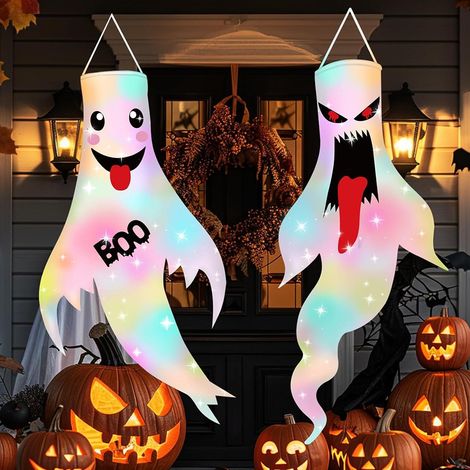 Lot de décorations fantômes lumineuses à LED (à suspendre) pour Halloween, à utiliser à l'intérieur et à l'extérieur (jardin, porche, etc.). (1/5)