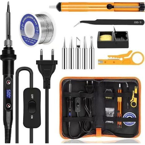Fer à Souder Kit 80W Température Réglable 180-520°C Electronique de Precision avec Interrupteur ON/OFF, 5 Conseils de soudage, Pompe (1/2)