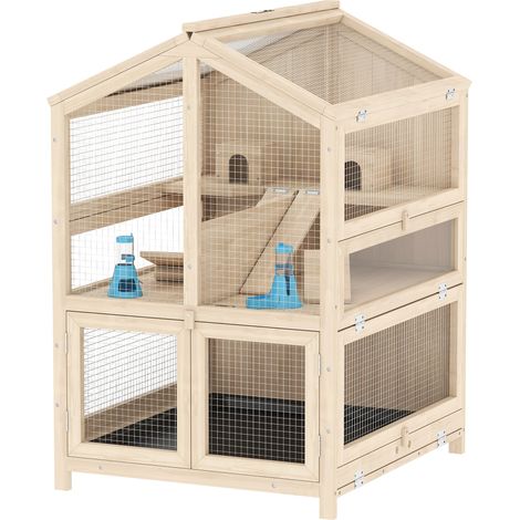 Cage rongeur 3 niveaux bois avec plateau amovible, toit ouvrant, balançoire, maisonnette, hublot, 68x61,5x90cm, teinte naturelle (1/5)