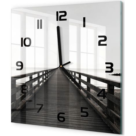 Horloge Murale Carrée Art Déco en Verre Silencieuse Décoration Intérieure Pont en bois 30x30 cm (1/5)