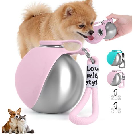 Gourde Chien Promenade, Gourde pour Chien Promenade Gamelle éTanche avec Bol Pliable en Silicone, 285ml Gourde Chien Voyage pour Les Promenades Et RandonnéEs en ExtéRieur (Rose) (1/5)