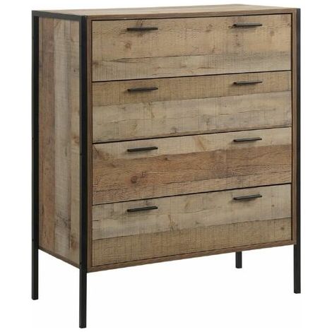 Industrial Chest of Drawers Rustic Oak 4 Drawer Bedroom Storage Metal Frame (1/5)