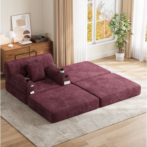 Poltrona letto 1 posto con pouf in velluto a coste, schienale alto, rosso vino (1/5)