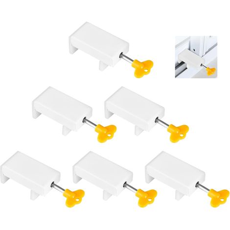 Juego de 6 cerraduras para ventanas corredizas, cerradura ajustable, cerradura de seguridad para niños con llave, tope para ventanas corredizas, color blanco (1/5)
