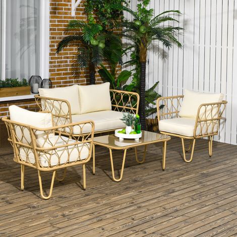 Gartenmöbel-Set – 2-Sitzer-Sofa + 2 Sessel – Couchtisch mit gehärteter Glasplatte – 7 ecrufarbene Kissen