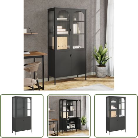 The Living Store Highboard Schwarz 90x40x180 cm Glas und Stahl - Sideboard - Hochschrank - Regal - Wohnzimmermöbel - Modernes Design (1/5)