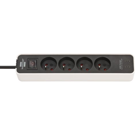 Multiprise à 4 Prises avec Prise de Charge USB C, 2X Chargeur USB C, Interrupteur et câble de 1,5m Blanc/Noir