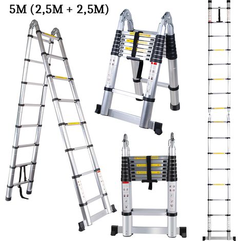 Teleskopleiter, Aluleiter Ausziehbar Klappleiter mit 16 Sprossen bis 150 kg Tragfähigkeit (5M/Silber) (1/5)